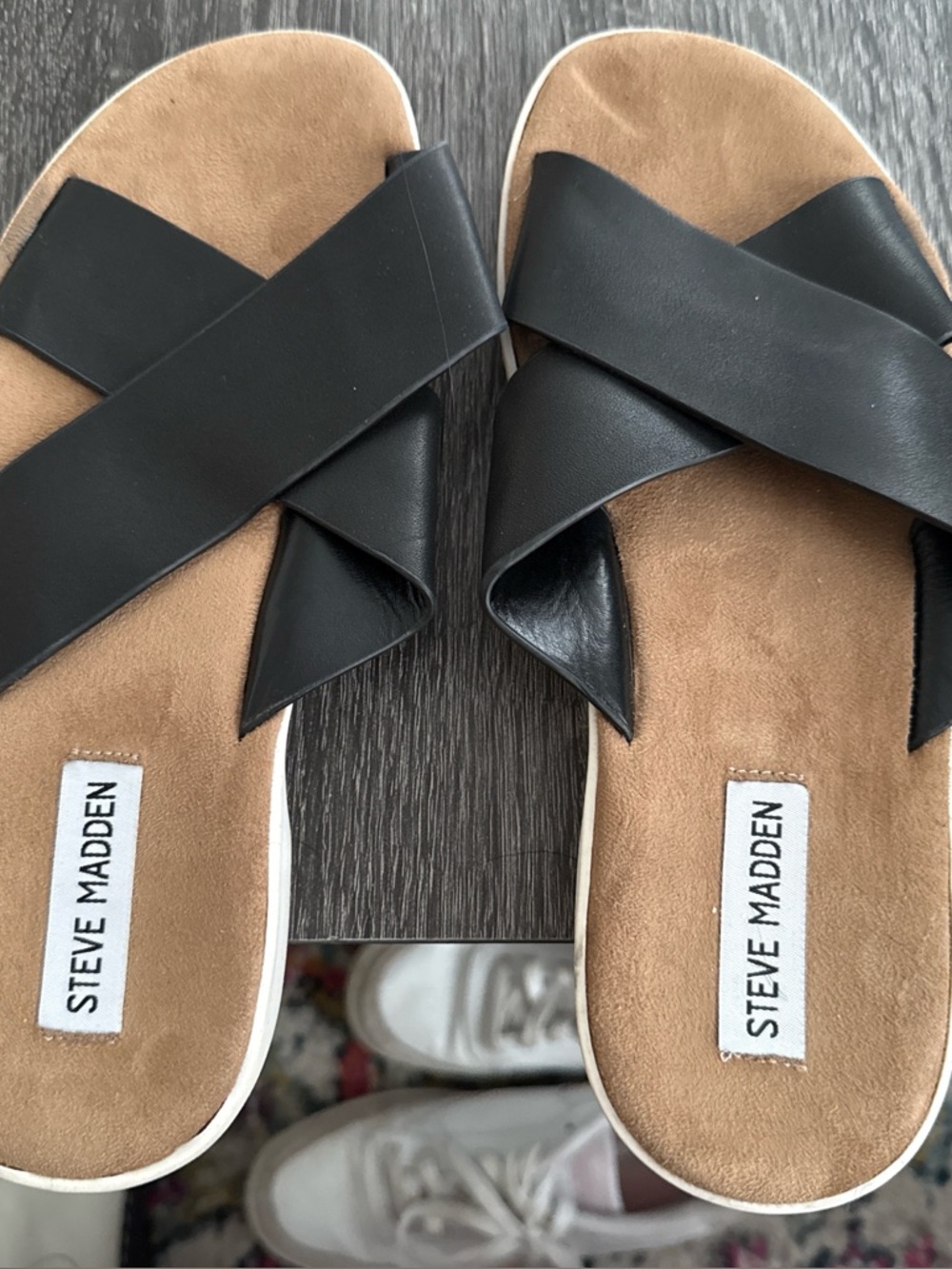 Steve Madden Black Crisscross Slide Sandals with Tan Footbed